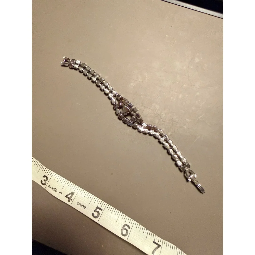 Vintage Silver Tone Red‎ Crystal Double Strand Rhinestone Bracelet 7 Inch